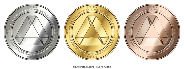 Gold, silver and bronze Achain (ACT) cryptocurrency coin. Achain (ACT) coin set.