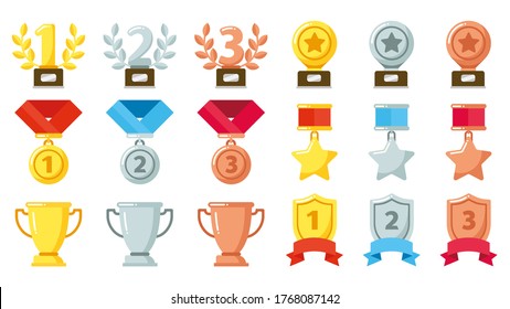 Gold, silver, bronze achievement or awards. Medals, trophies and rewards with olive wreath set for winner or champion in competition. First, second and third place icon in contest vector illustration