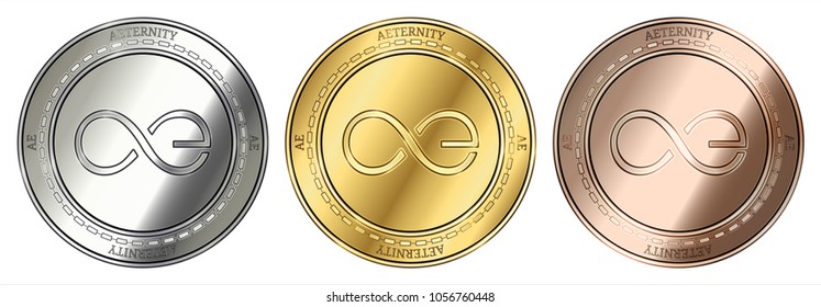 Gold, silver and bronze Aeternity (AE) cryptocurrency coin. Aeternity (AE) coin set.