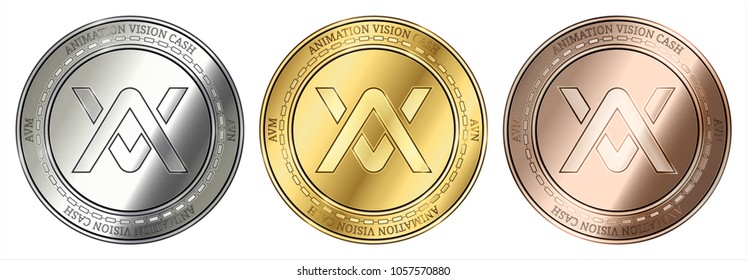 Gold, silver and bronze Animation Vision Cash (AVH) cryptocurrency coin. Animation Vision Cash (AVH) coin set.