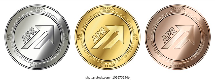 Gold, silver and bronze APR Coin (APR) cryptocurrency coin. APR Coin (APR) coin set.
