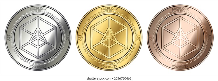 Gold, silver and bronze Arcblock (ABT) cryptocurrency coin. Arcblock (ABT) coin set.