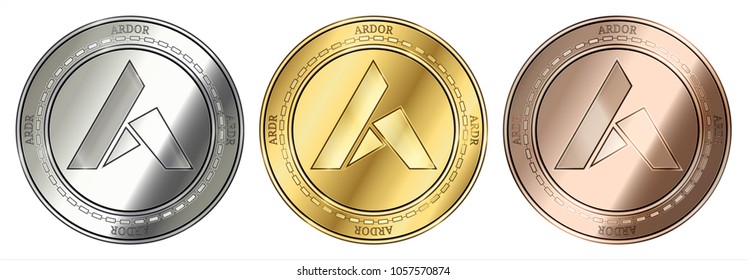 Gold, silver and bronze Ardor (ARDR) cryptocurrency coin. Ardor (ARDR) coin set.