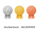 Gold, silver, bronze award badges with color ribbons vector set. Metal medal trophy seals for winners of the 1st, 2nd & 3rd places.