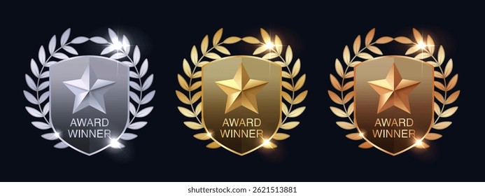 Gold, Silver, Bronze Award Badges with Laurel Wreath and 3D Star – Premium Vector Shield Icons Set