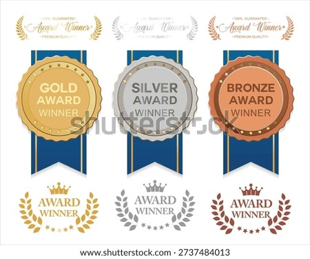Gold silver and bronze award badges with laurel wreath, Golden award winner emblems flat design, crowns and trophies symbols