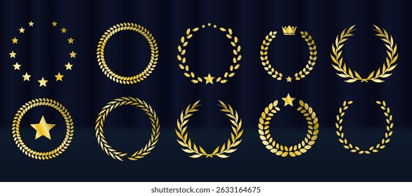 Gold, silver, bronze award emblems shine with royal crowns. Round podium icons highlight success, achievement, and recognition. Laurel wreath frames elegant nominee reward symbols. Golden award badge 