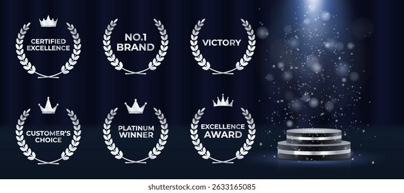 Los emblemas de oro, plata y bronce brillan con coronas reales. Los íconos redondos del podio destacan el éxito, los logros y el reconocimiento. La corona de laurel enmarca elegantes símbolos de recompensa nominales. Insignia del premio de oro 