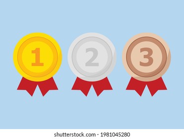 gold, silver and bronze award medal with ribbon isolated on blue background. Medal illustration design in flat style. vector illustration
