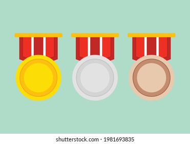 Gold, silver and bronze award medal icon with ribbon isolated on green background. Medal illustration design in flat style. vector illustration