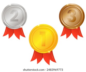 Gold silver and bronze award medal with red ribbons.  Cartoon winner reward illustration isolated on white