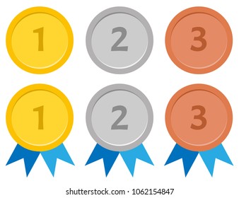 Gold, silver, bronze award medals with numbers set on white background