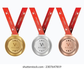 gold, silver and bronze award medals with red ribbons