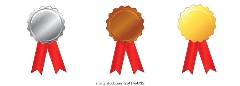 Gold, silver and bronze award medals with red ribbons
