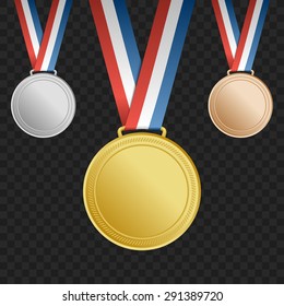 Gold, silver, bronze award medals with ribbons on square background