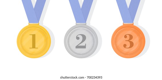 Gold, silver and bronze award medals with ribbons. First, second and third places