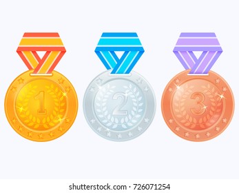 Gold, silver and bronze award medals isolated on white background. Set of winner medals. Gold medal, silver medal and bronze medal icons. Vector illustration