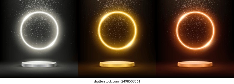 Gold, silver and bronze award podium with glowing neon circle frame. Collection of abstract luxury empty stages on black background with glitter confetti sparkle rain falling vector illustration.