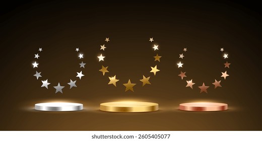 Gold, silver and bronze award podiums. Luxury empty round stages with glowing stars wreaths isolated on black background for product presentation or winner ceremony. Abstract vector illustration.