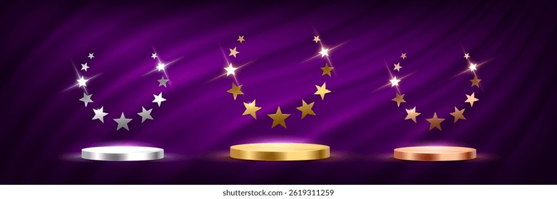 Gold, silver, bronze award podiums with star wreath on purple curtains background. Winners stages for first, second and third places. Championship, sport, movie event. Abstract vector illustration.