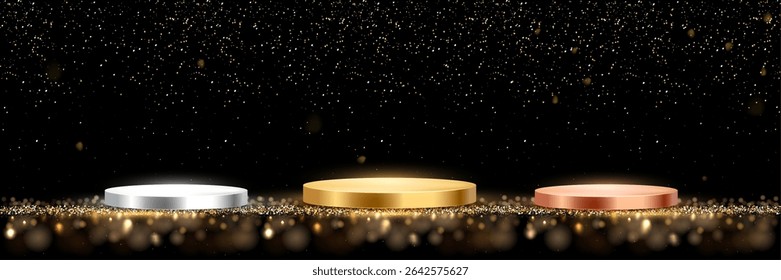 Gold, silver, and bronze award podiums on a sparkling black background. Shiny winner platforms for first, second, and third place with glitter and lights. Festive vector illustration.