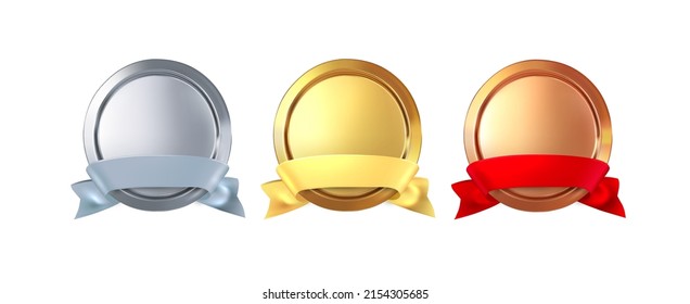 Gold, silver and bronze award with ribbon. Rank, award, frame or trophy for victory. Vector illustration.