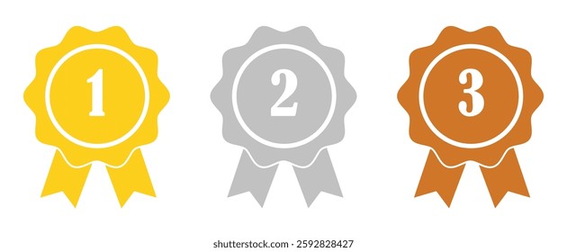 Gold, silver, and bronze award ribbons with numbers 1, 2, and 3 symbolizing first, second, and third place ranking in competition and achievement. Gold, silver and bronze medals. A set of medals.