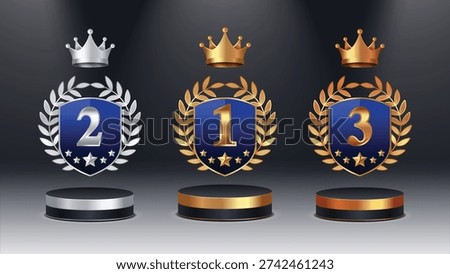 Gold Silver Bronze Award Shield Set Vector. First Second Third Place Winner Badges with Crown and Laurel Wreath