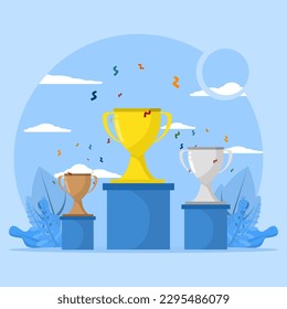 Gold, silver and bronze award sign concept. Winner podium with trophy icon in flat style. Pedestal illustration on white isolated background.