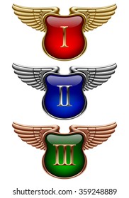Gold, silver and bronze award signs with wings. Vector illustration