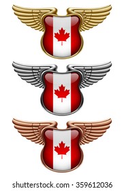 Gold, silver and bronze award signs with wings and Canada state flag. Vector illustration