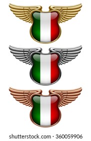 Gold, silver and bronze award signs with wings and Italy state flag. Vector illustration