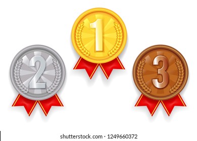 Gold silver bronze award sport 1st 3rd 2nd place medal red ribbon icons set vector illustration