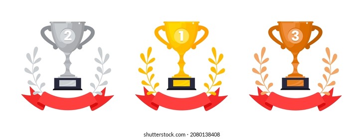 Gold, silver and bronze award trophy goblet cup set with wreath leaves icon sign flat style design vector illustration isolated on white background.