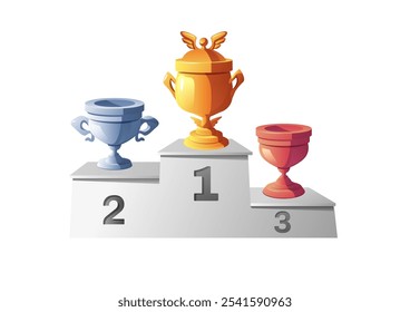 Copos de ouro, prata e bronze no pedestal. Campeão glória na competição, primeiro, segundo e terceiro lugar. Prêmio goblet vencedor do jogo. Ilustração plana de vetor isolada