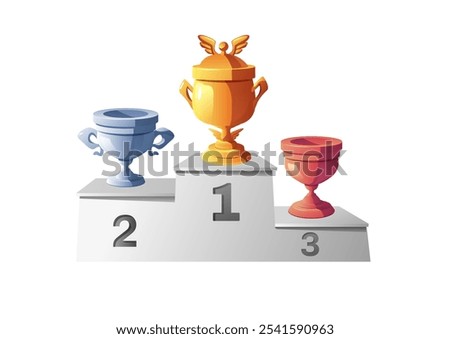 Gold, Silver and Bronze award trophy cups on the pedestal. Champion glory in competition, first, second and third place award. Game winner goblet prize. Vector flat illustration isolated