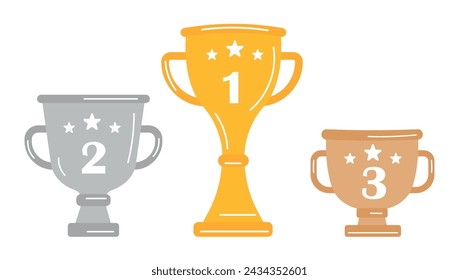 Gold, silver and bronze awards, champion cups for winners in sport competitions. Champions awards, prize for first, second and third place in competitions. Reward appreciation set.
