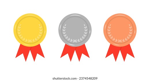 Gold, silver, bronze awards with red ribbons flat illustration set