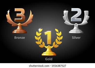 Premios de oro, plata, bronce para el ganador. Un conjunto de premios vectoriales de lujo mejor lugar para campeón del juego.