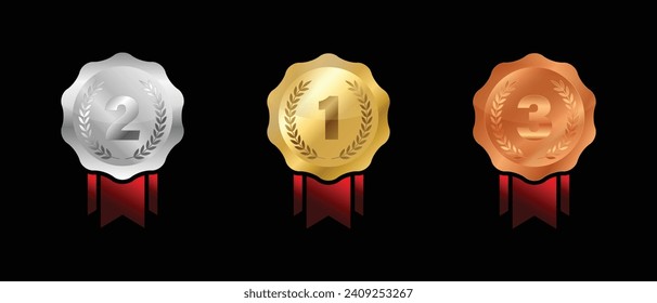 Gold, silver and bronze badge icon set, Reward badges for winners,Medals with ribbon for 1st, 2nd and 3rd places champions