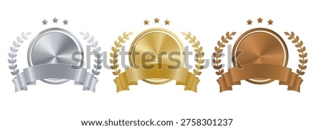 Gold Silver Bronze Badge Ribbon Award Set Blank Editable Ranking Medal Laurel Vector