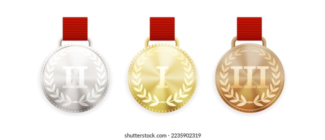 Gold, silver, bronze badges with colored ribbons vector set. Realistic medal set. Premium metal seals for winners of 1st, 2nd and 3rd places.