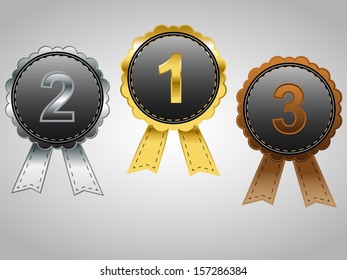 Gold, Silver and Bronze badges with ribbons, for first, second, and third place awards, vector