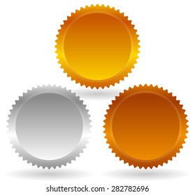Gold, silver and bronze badges, starburst shapes. Price flashes.