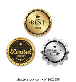 Gold, silver and bronze badges. Vector illustration
