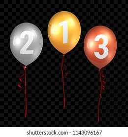 Gold, silver and bronze balloons with red ribbons. Vector illustration