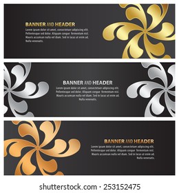 gold, silver and bronze banner set template design flower background