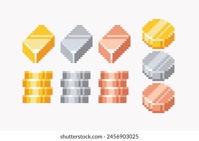 Gold-, Silber- und Bronzestangen und Münzen Pixel Art Set. Metallbarren und Medaillen Kollektion. 8 Bit. Spieleentwicklung, mobiles App. Isolierte Vektorillustration. 