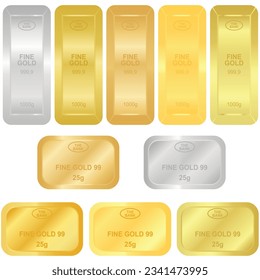 Oro, plata, barras de bronce lingotes de metales. Editable