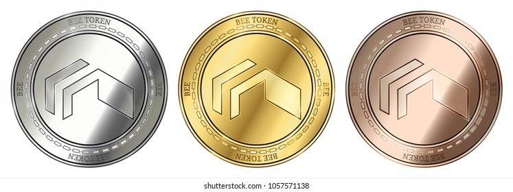 Gold, silver and bronze Bee Token (BEE) cryptocurrency coin. Bee Token (BEE) coin set.
